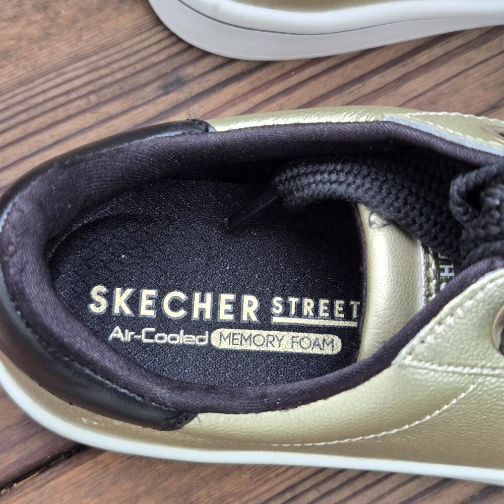 NEW Skechers Street Metallic Gold Leather Wide Black Lace Shoes Womens Sz 8 READ - Picture 3 of 10